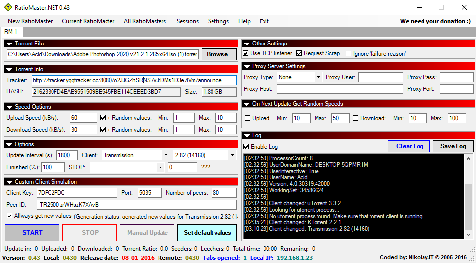 Configuration de RatioMaster sur Windows, un logiciel pour modifier son ratio en BitTorrent.